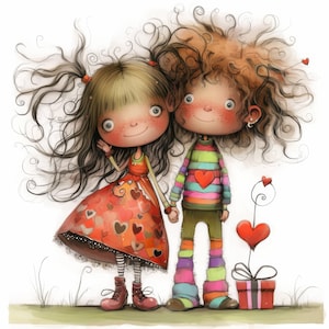 Quirky First Love Clip Art 10 High Res Watercolor JPGs for Junk Journals, Scrapbook, Card Making, Digital Download, Fantasy, Whimsical Girl