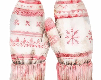 May include: Watercolor illustration of a pair of white mittens with red accents. The mittens feature a knitted cuff and are decorated with snowflakes, hearts, and geometric patterns. A cozy winter accessory.