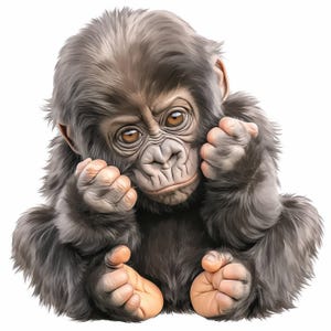 May include: A detailed illustration of a baby gorilla with brown eyes and gray fur. The gorilla is sitting with its fists near its face, and its feet are visible. The background is white.