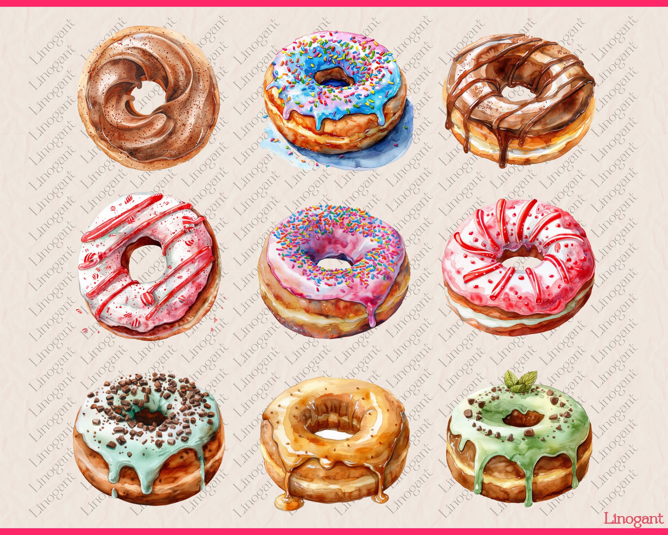 Watercolor Donut Clipart Bundle, Donuts Clip Art Set, Dessert PNG ...