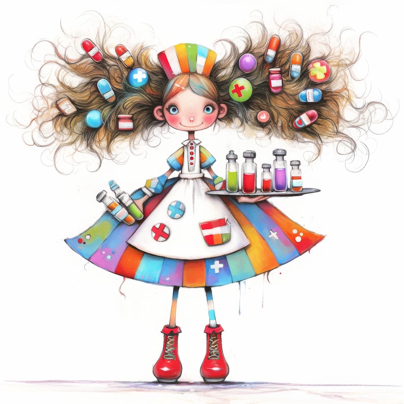 Puede incluir: Una ilustraci&oacute;n colorida de una enfermera de dibujos animados con cabello arco&iacute;ris y un vestido blanco. Ella sostiene una bandeja con peque&ntilde;as botellas de l&iacute;quido. Las botellas est&aacute;n llenas de l&iacute;quidos de diferentes colores. La enfermera lleva zapatos rojos y un sombrero blanco con una franja arco&iacute;ris.