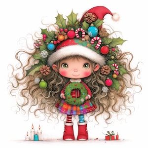 Quirky Wreath Girl Clip Art 10 High Res Watercolor JPGs Junk Journals, Scrapbook, Card Making, Digital Download, Fantasy, Whimsical, Holiday