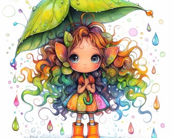 Whimsical Rainy Day Clip Art 10 High Res Watercolor JPGs for Junk Journaling, Scrapbooking, Card Making, Digital Download, Fantasy, Cartoon