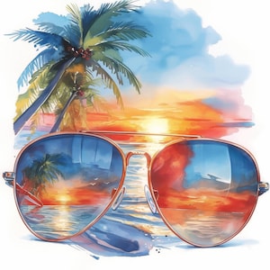 Puede incluir: Ilustración en acuarela de gafas de sol de aviador con una puesta de sol tropical reflejada en las lentes. La imagen presenta palmeras, un cielo naranja y rojo vibrante y un océano azul, evocando un tema de vacaciones.