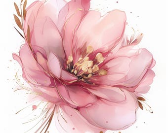 Op de afbeelding: Een aquarel illustratie van een roze bloem met gouden accenten. De bloem heeft meerdere lagen zachte roze bloemblaadjes en een gouden centrum. Delicate gouden lijnen en kleine gouden stippen voegen details toe aan het ontwerp, tegen een witte achtergrond.