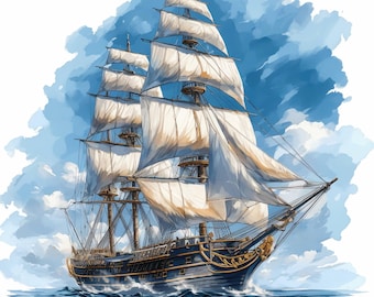 14 Vintage Pirate Ship Clipart Bundle, Nautical Adventure Illustration, Printable Watercolor Clipart, High Quality JPG, Paper Craft