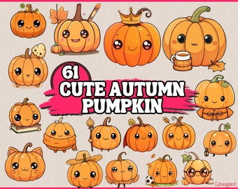 Watercolor Cute Autumn Pumpkin Clipart Bundle, Various Happy Fall Halloween Decor Gift Card, Clip Art Set, PNG Graphic, Digital Illustration