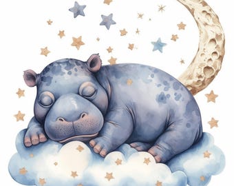 10 Sleepy Hippo Clipart Bundle, Cute Animal Nap Illustration, Printable Watercolor Clipart, High Quality JPG, Paper Craft, Junk Journals