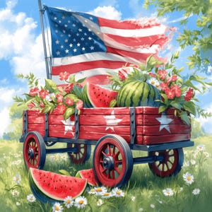 Patriotic Red Wagon Clip Art 10 High Res Watercolor JPGs for Junk Journaling, Scrapbooking, Card Making, Digital Download, Fantasy, 4th July