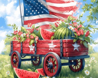 Patriotic Red Wagon Clip Art 10 High Res Watercolor JPGs for Junk Journaling, Scrapbooking, Card Making, Digital Download, Fantasy, 4th July
