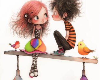 May include: A girl with pink hair and a colorful skirt sits on a seesaw facing a boy with black hair and a striped shirt. They are both looking at each other. A red bird is on the seesaw near the girl and a yellow bird is on the seesaw near the boy.