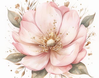 Op de afbeelding: Waterverfillustratie van een grote, open roze bloem met een gouden centrum en delicate gouden accenten. De bloem is omgeven door gedempte groene bladeren en kleine, bruine twijgen, alles tegen een witte achtergrond.