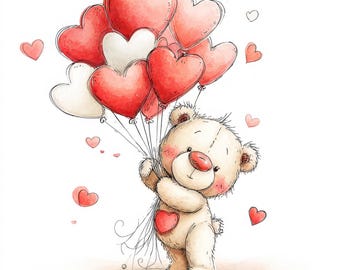 May include: A watercolor illustration of a teddy bear holding a bouquet of heart-shaped balloons. The balloons are red and white, and the bear has a red heart on its chest. The bear has a sweet expression and rosy cheeks, perfect for Valentine's Day.