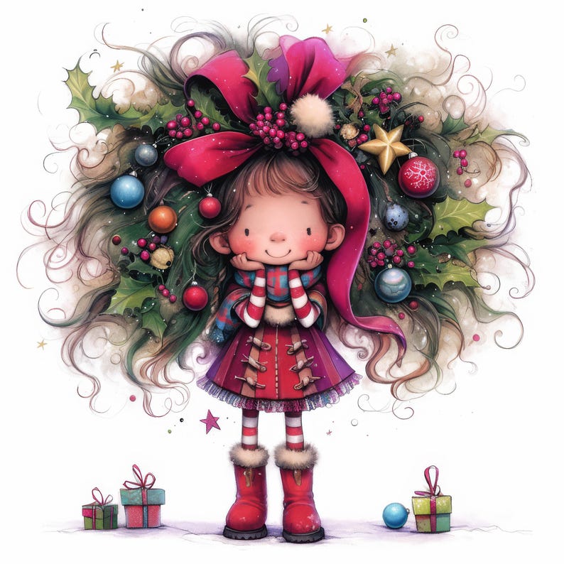 May include: A whimsical illustration of a girl with long, brown hair adorned with a large pink bow and surrounded by lush green holly, red berries, and colorful Christmas ornaments. She wears a red coat, striped socks, and red boots. Two small wrapped gifts are placed on the ground near her feet. The overall theme is Christmas.