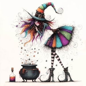 May include: A whimsical illustration of a witch with colourful hair and a striped dress, blowing magic dust from her fingertips towards a cauldron. The witch is wearing a tall, pointed hat with a rainbow design and black and white striped stockings. The cauldron is black with a gold rim and is filled with a bubbling green liquid. There are stars and swirls in the background.