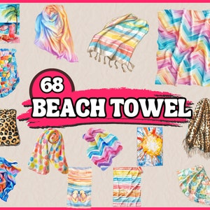 Pacote de clipart de toalha de praia aquarela, conjunto de clipart de viagem à beira-mar, gráfico PNG de viagem, uso comercial, ilustração de verão, download digital