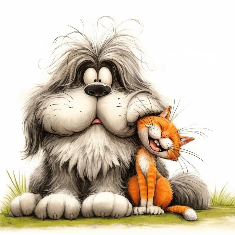 Op de afbeelding: Een cartoonillustratie van een grote, harige, grijze hond met een brede glimlach, die een kleinere, oranje kat met een brede glimlach omhelst. De hond heeft een lange, grijze snuit en grote, ronde ogen. De kat heeft een lange, oranje staart en grote, ronde ogen.
