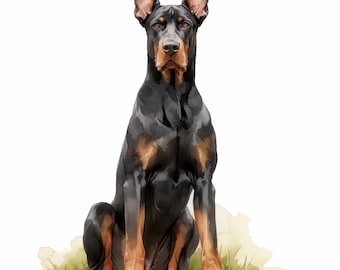 14 Doberman Art Watercolor Clipart Bundle, Strong Dog Portrait Illustration, Printable Watercolor Clipart, High Quality JPG, Paper Craft