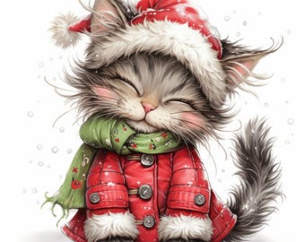 Festive Christmas Kitty Clip Art 10 High Res Watercolor JPGs for Junk Journaling, Scrapbooking, Card Making, Digital Download, Fantasy, Xmas