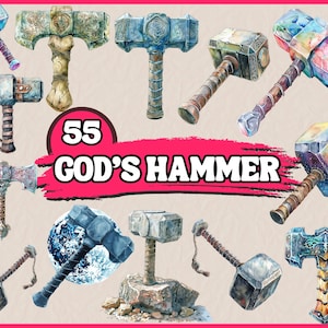 55 Clipart Marteau de Dieu | Arme mythologique des cliparts | Aquarelle imprimable | PNG de haute qualité | Téléchargement numérique | Créations en papier | Journaux