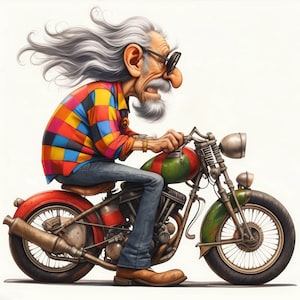Puede incluir: Una ilustraci&oacute;n de dibujos animados de un hombre con cabello blanco largo y barba montando una motocicleta vintage. Lleva una camisa a cuadros de colores y pantalones vaqueros azules. La motocicleta es verde y roja con un tubo de escape cromado.