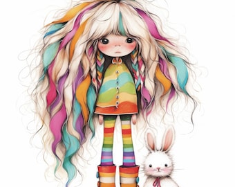 Op de afbeelding: Een meisje met lang, kleurrijk haar en een regenboogkleurige jurk staat met een wit konijn. Ze draagt regenboogkleurige leggings en regenboogkleurige laarzen.