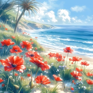 Beach Side Poppies Clip Art 14 High Res Watercolor JPGs for Junk Journaling, Scrapbooking, Card Making, Digital Download, Fantasy, Fabulous