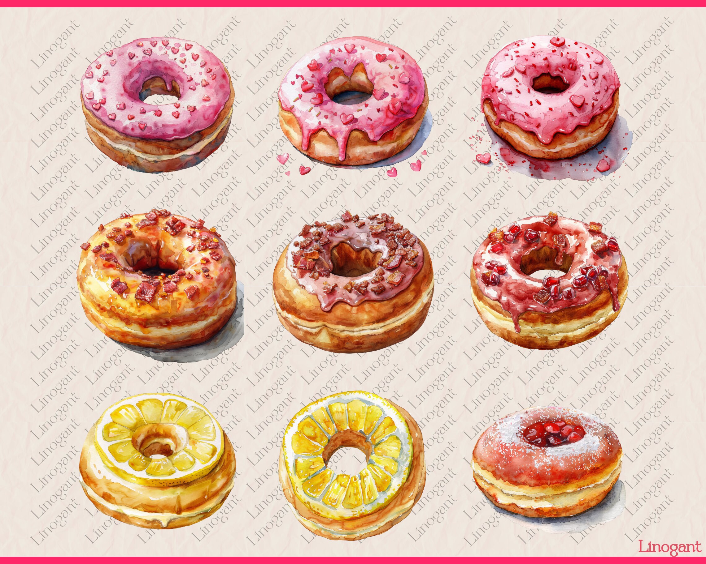 Watercolor Donut Clipart Bundle, Donuts Clip Art Set, Dessert PNG ...