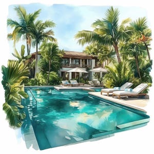 Puede incluir: Pintura de acuarela de un resort tropical con una piscina turquesa, tumbonas y un edificio de dos pisos. Palmeras y exuberante vegetación rodean la zona de la piscina, con sombrillas blancas que dan sombra. El cielo es azul claro.