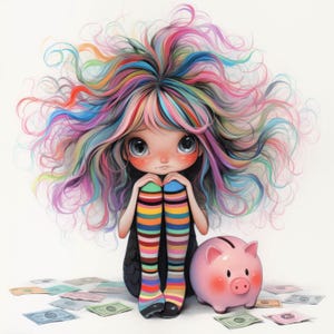 May include: A young girl with long, colorful hair sits with her head in her hands, looking sad. She is wearing striped socks and a black dress. A pink piggy bank sits next to her, and there are scattered dollar bills on the floor.