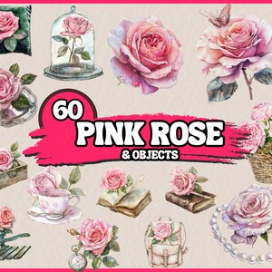 Rose rose objets Clip Art 60 haute résolution aquarelle PNGs indésirables, scrapbooking, fabrication de cartes, téléchargement numérique, fantaisie, floral, fleurs