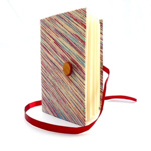 Blue Red journal notebook, Lined paper for writing, Raw silk fabric cover with stripes, Personal handmade diary, wooden button closure