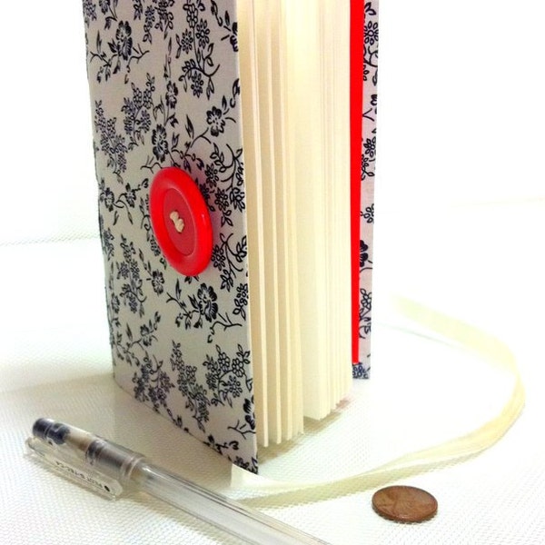 Travel Journal, Notebook, Diary, lined paper, white fabric cover, printed with black flowers, white red, handmade books