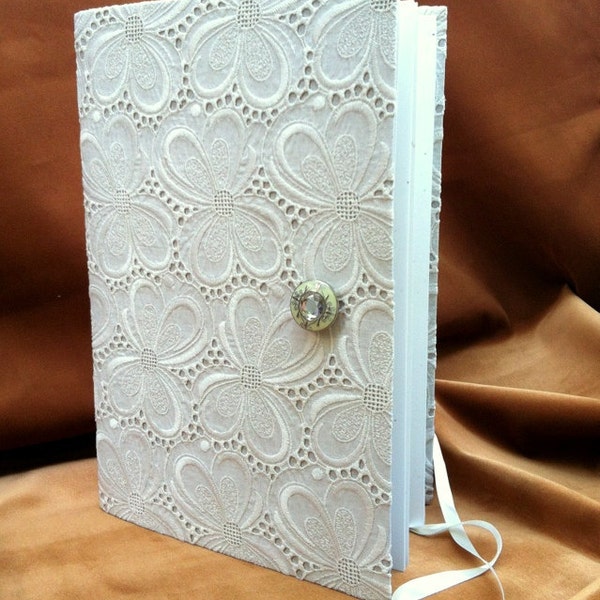 Wedding Guestbook - scrapbook album - lace fabric cover - Opens with crystal embedded green enamel button and white satin ribbon