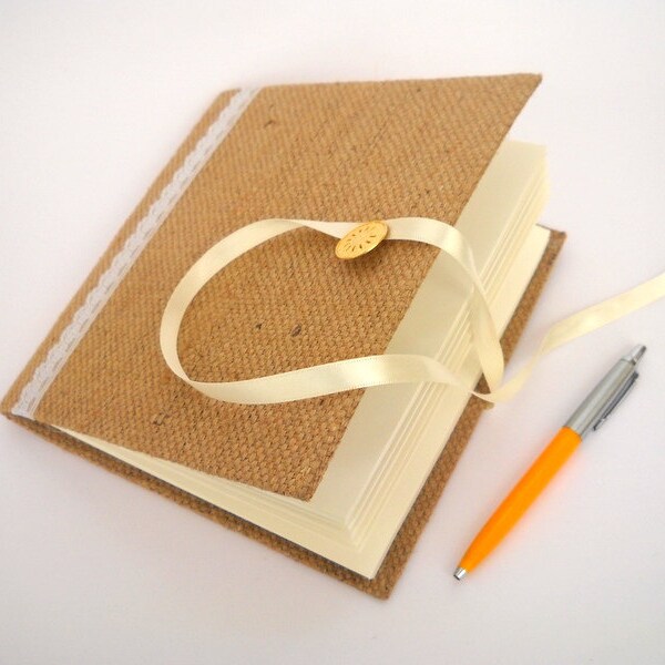 Burlap guestbook Handmade books, Wedding album, scrapbook with blank pages, burlap fabric with white lace opens with button and ribbon