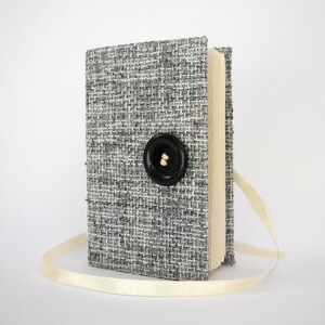 Grey journal Handmade notebook with black button for men rustic fabric, blank paper for personal diary notes and sketches