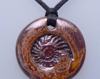 SPARKLY AMMONITE Handmade Ceramic Pendant – with optional cord necklace with sterling silver - Rowanberry Designs