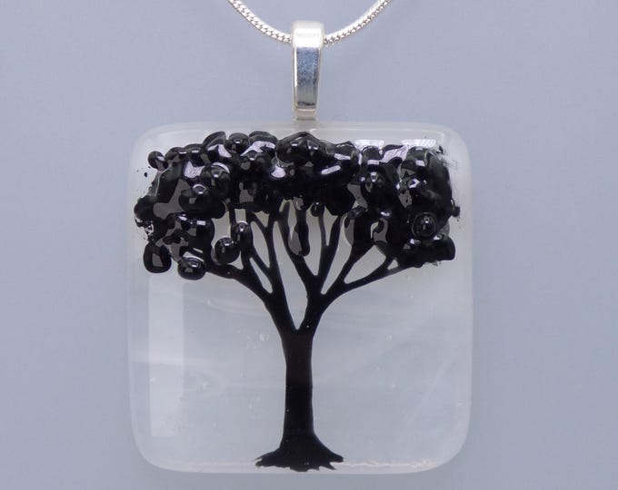 Handmade Fused Art Glass Monochrome Tree Pendant – Silver Plated Chain