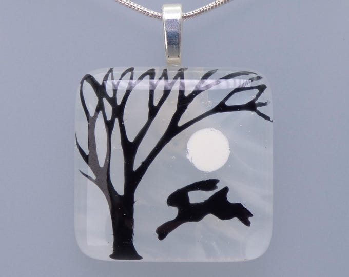 Handmade Fused Art Glass Monochrome Tree & Hare Pendant – Silver Plated Chain
