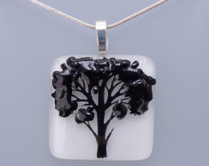 CLEARANCE Handmade Fused Art Glass Monochrome Tree Pendant – Silver Plated Chain