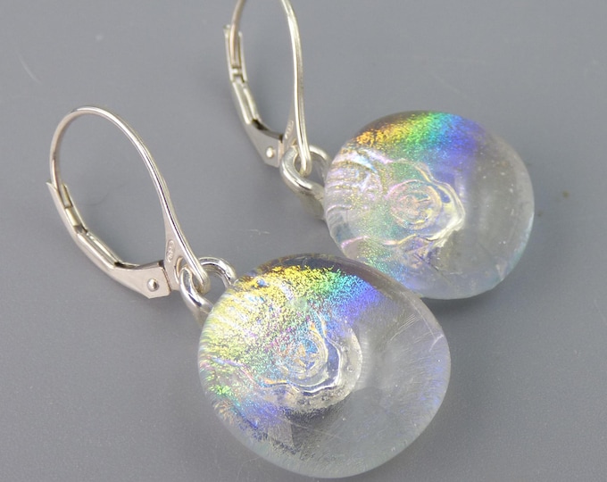 CLEARANCE Earrings - Handmade Iridescent Dichroic Fused Art Glass & Sterling Silver Earwires