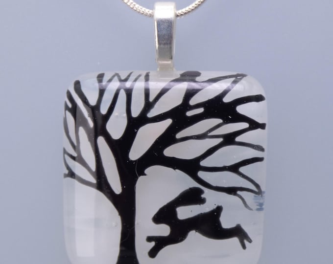 Handmade Fused Art Glass Monochrome Tree & Hare Pendant – Silver Plated Chain