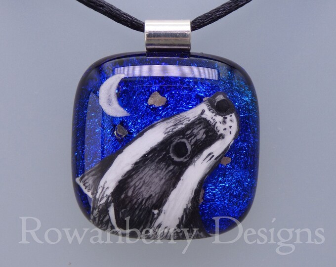 Dichroic Moon Gazing BADGER Pendant - with Optional Chain/Cord - Handmade Fused Painted Art Glass & 925 Sterling Silver - Rowanberry Designs