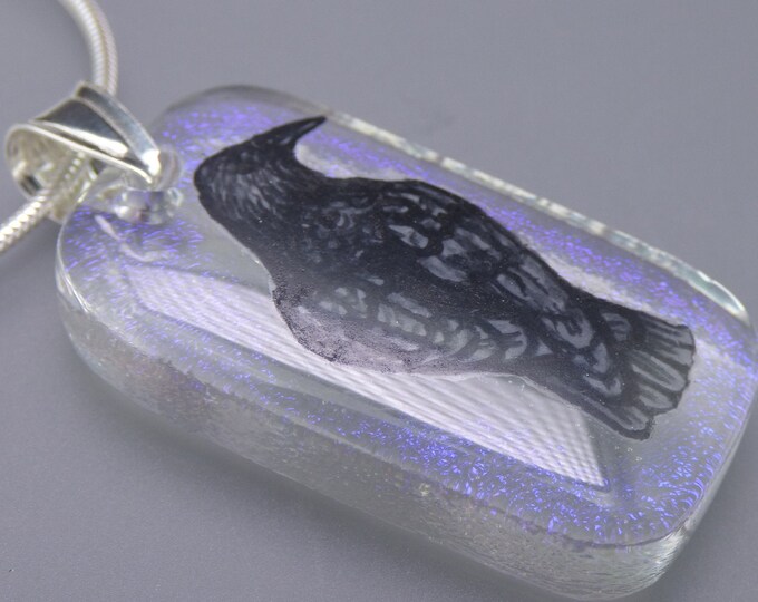 Purple Dichroic Raven Pendant - with Optional Chain or Cord - Handmade Fused Painted Art Glass & 925 Sterling Silver - Rowanberry Designs