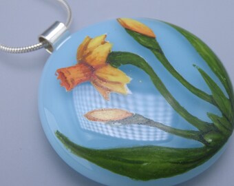 SECOND - Daffodils Pendant - with Optional Chain or Cord - Handmade Fused Painted Art Glass & 925 Sterling Silver - Rowanberry Designs