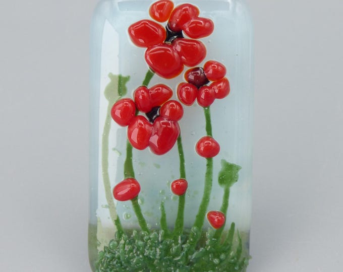 Poppies - Handmade Fused & Painted Art Glass Cabochon - Rowanberry Designs - Sterling Silver Pendant Upgrade Available