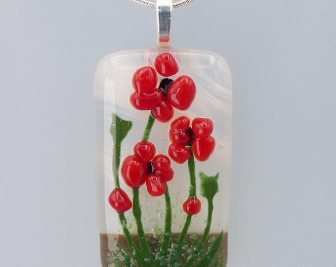 Handmade Fused Art Glass Poppies Pendant – with Silver Plated Chain