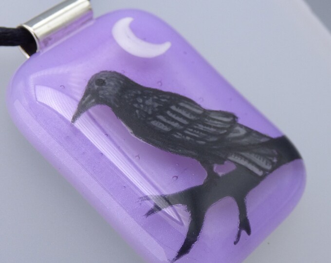 Crow and Moon Pendant - with Optional Chain or Cord - Handmade Fused Painted Art Glass & 925 Sterling Silver - Rowanberry Designs