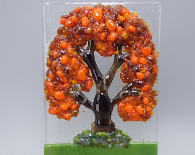OUTLET - Autumn Tree -  Handmade Fused Glass Picture Plaque and Stand - Rowanberry Designs - Art