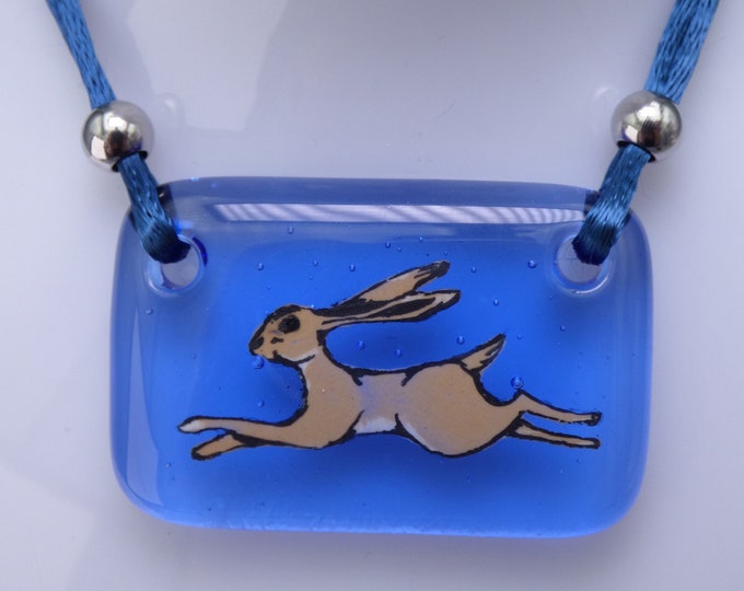 Leaping Hare Pendant - Handmade Fused Painted Art Glass & Stainless Steel - Rowanberry Designs